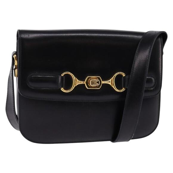 CELINE Horsebit Shoulder Bag Leather Black Gold - Picture 1 of 12